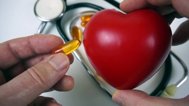 Male hands holding a red heart and a fish oil capsule with a stethoscope on a white background