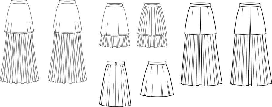 Women pleated skirt collection, layered and midi skirt templates, fashion apparel designs, front view clothing set &ndash; vector illustration