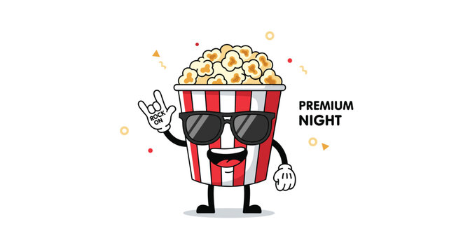 Fun popcorn bucket character wearing sunglasses and showing a rock on hand gesture for movie theater premium night.