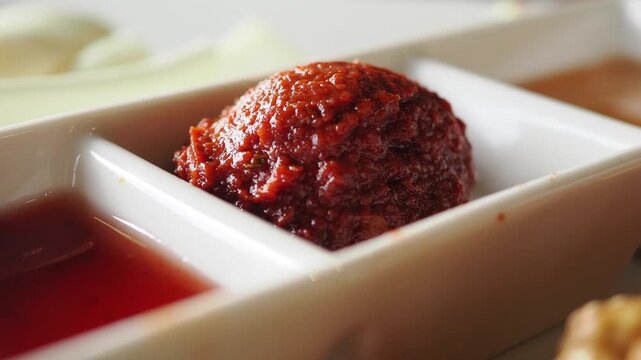 Tasting spicy condiment in a small dish