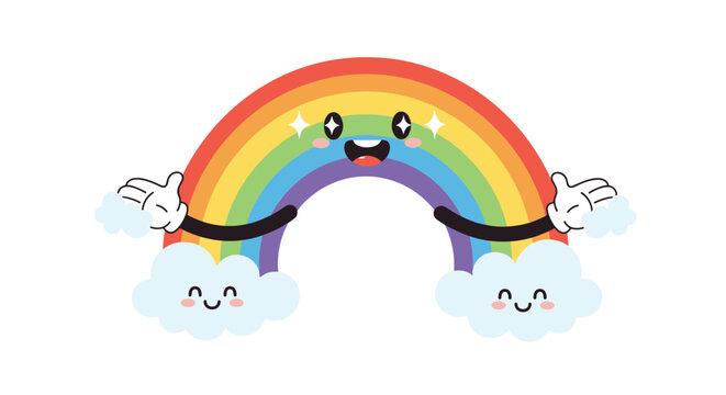 Happy cartoon rainbow character with a big smile and small clouds for hands floating between two laughing clouds.