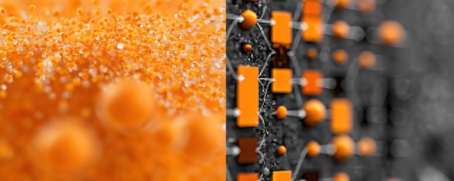 Abstract macro shot of orange food or ingredient and circuit board element 
