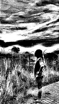 High-contrast black and white silhouette of a child standing alone outdoors looking at dramatic cloudy sky, grainy posterized effect, contemplative mood, loneliness, hope. Copy space sky 