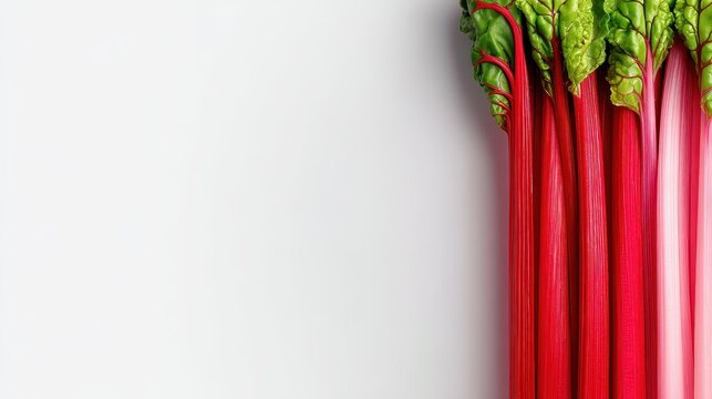 Fresh rhubarb stalks with green leaves, top view