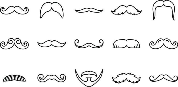 Diverse collection of vector outline icons showcasing a wide range of moustache and beard facial hair styles with moustache grooming gentleman