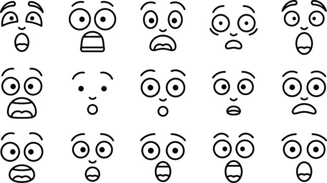 Set of cartoon facial expressions depicting shock surprise amazement in simple outline vector graphics expressions surprise emotions
