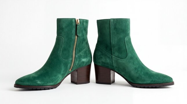 Pair of elegant emerald green suede ankle boots featuring a sturdy block heel and side zipper