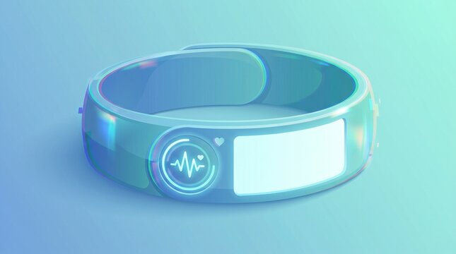 Futuristic smart ring, a sleek wearable technology device for health monitoring and digital interaction, glowing with a vibrant teal and blue gradient, representing innovation and connectivity.