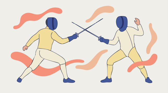Fencing duel between two athletes in protective gear with foils, vector