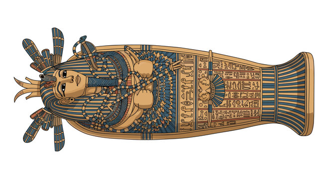 Highly detailed illustration of an ancient Egyptian sarcophagus with colorful hieroglyphics and royal regalia on its surface.