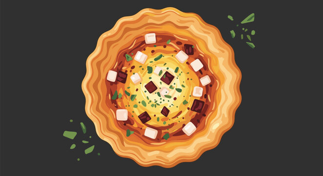 Top view illustration of a savory quiche or meat pie with flaky crust and vegetable garnishes on a dark background.
