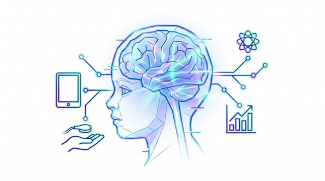 Artificial intelligence brain illustration, a futuristic digital mind with connected technology icons. AI concept for machine learning, data processing, and innovative solutions.