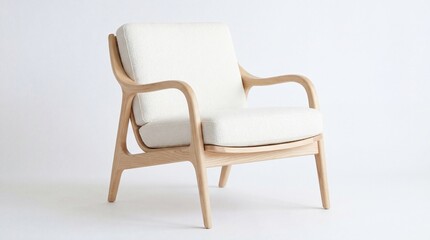 Fototapeta premium Mid century modern lounge chair featuring a light oak wooden frame and cream fabric upholstery