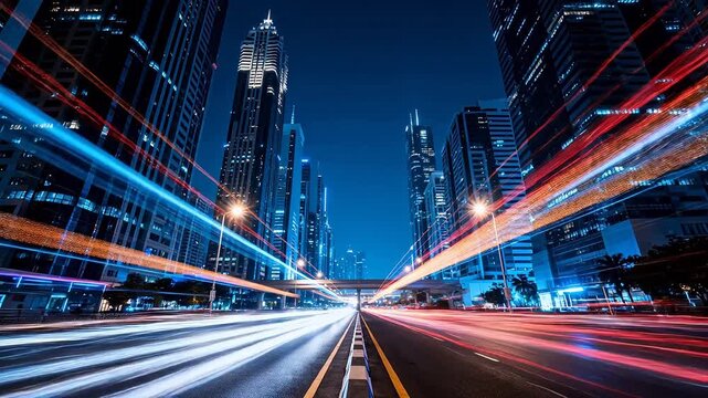 Night city traffic with red and blue light streaks