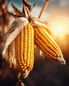 Golden corn cobs in the sunlight 