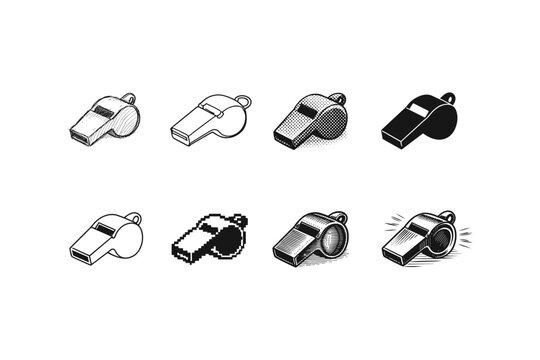 Collection of diverse whistle illustrations in various artistic styles and techniques