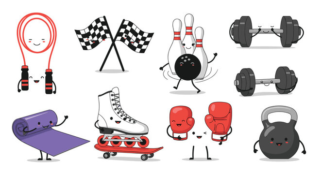 group of cute and happy sports and fitness equipment characters including weights roller skates bowling pins and yoga mat.