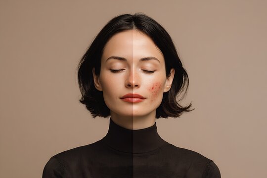 clean minimal portrait showing patch test result, calm skin vs mild irritation, skincare concept