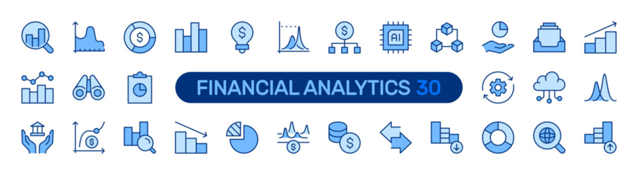Financial Analytics solid icon set. Data Analysis, Economy, Finance Metrics, Reporting, Business, Investment concept. Blue vector icons collection.