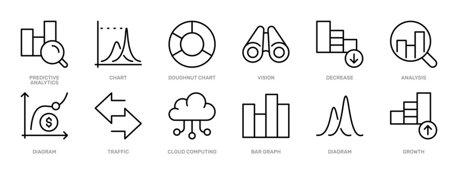 Financial Analytics thin line icon set. Data Analysis, Economy, Finance Metrics, Reporting, Business, Investment concept. Black outline vector icons collection.