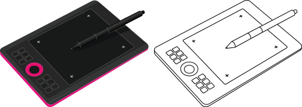 Digital drawing tablet with stylus isometric view in color and outline isolated on white background for graphic design projects