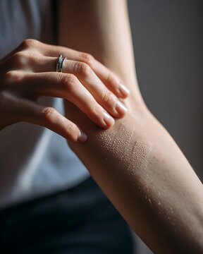 person checking patch test area on arm, observing skin reaction,