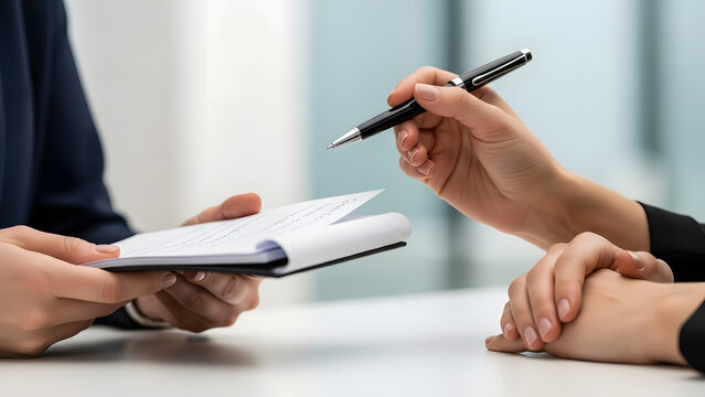 Business professional interviewing candidate with notebook and pen.