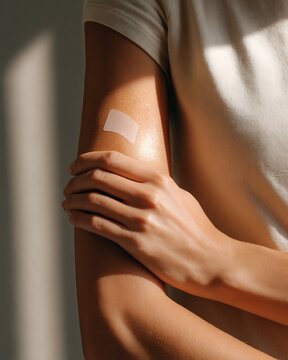 person checking patch test area on arm, observing skin reaction,