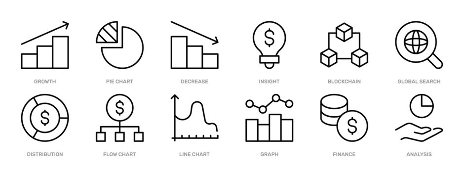 Financial Analytics thin line icon set. Data Analysis, Economy, Finance Metrics, Reporting, Business, Investment concept. Black outline vector icons collection.