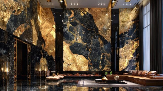 Luxurious contemporary interior design featuring dramatic black and gold veined stone wall cladding
