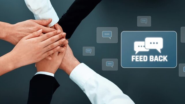 A dynamic office scene showing multiple hands together, symbolizing teamwork and collaboration, with speech bubbles emphasizing the importance of feedback in business. Raster