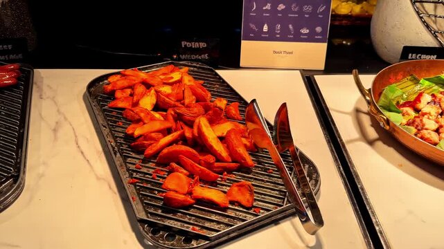 Luxury hotel breakfast buffet pan shot featuring beef sausages, potato wedges, glazed chicken and lechon on banana leaves at Dusit Thani Cebu