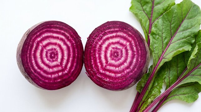 Two slices of fresh red beet showing the vibrant concentric rings and attached green leaf stems
