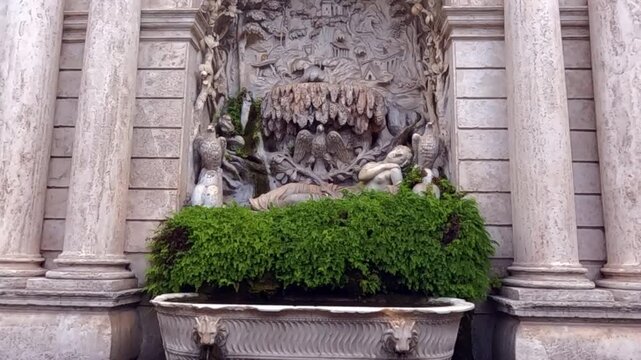 Ornate baroque marble fountain set within an arched niche flanked by classical columns in Tivoli, near Rome, Italy. Elegant Renaissance stonework with lush greenery.