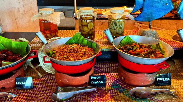 Delicious variety of local Filipino cuisine including pancit canton and chorizo served in clay pots at hotel restaurant buffet