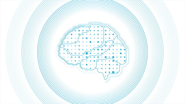 Minimal blue outlines of the human brain with halftone dots abstract futuristic background