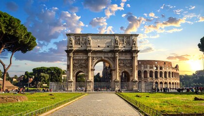 Fototapeta premium A majestic archway and an ancient amphitheater stand under a vibrant sky with wispy clouds, a sunny vista