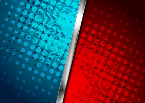 Abstract red and blue versus background with silver metallic divider, halftone dot patterns, and grunge texture. Vector design for sports, gaming, and competitive battle themes