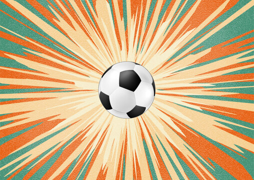Soccer ball on retro sunburst background with vintage grainy texture. Abstract vector design perfect for sports posters and banners