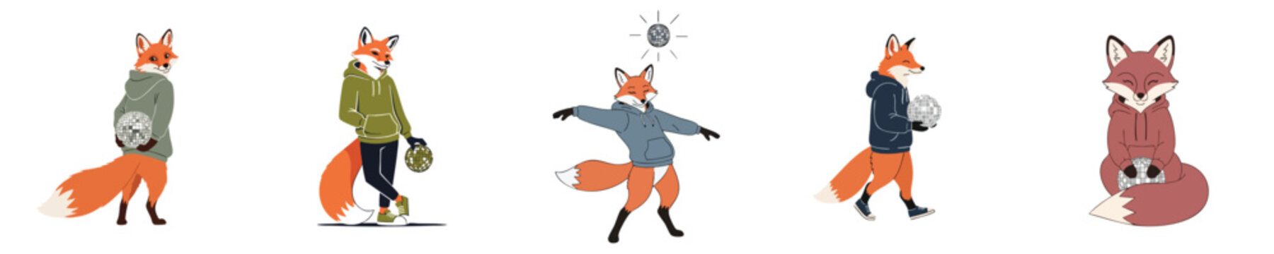 Cute Fox Character Dancing Disco Ball Party Cartoon Flat Design Vector Illustration Animal Mascot Collection Stylish Modern Set