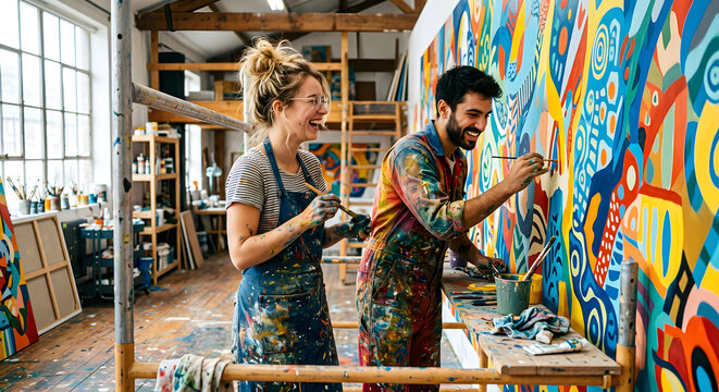 Two young artists laughing and collaborating on a large colorful mural in a bright art studio, authentic creative connection and teamwork, artistic lifestyle.