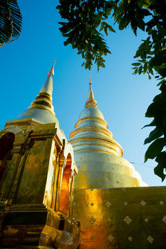Golden stupa at Wat Phra Singh temple in Chiang Mai, Thailand	
