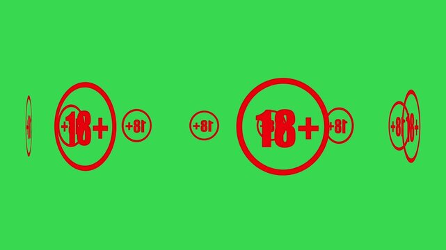 Animated Rotating red 18+ Age Restriction Sign Icon on Green Screen Background for Adult Content.