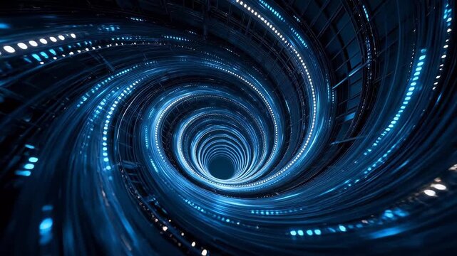 Spiral blue light tunnel with metal frame structure