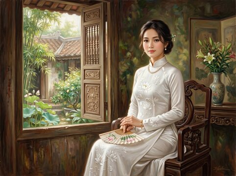 A Vietnamese white ao dai portrait, Huế style, inspired by classical oil painting style, soft lighting, and elegant pose


