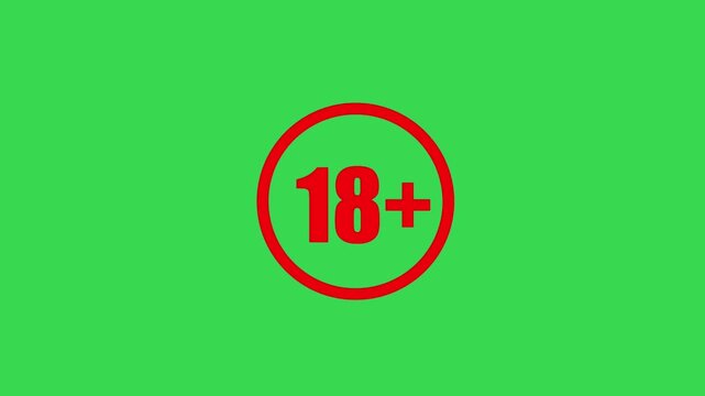 Animated red 18+ Age Restriction Sign Icon on Green Screen Background for Adult Content.