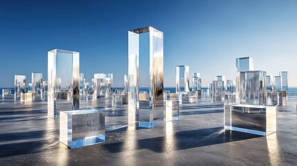 Obraz premium Tall, clear, geometric forms stand upon a wide concrete surface against a bright blue sky and distant water