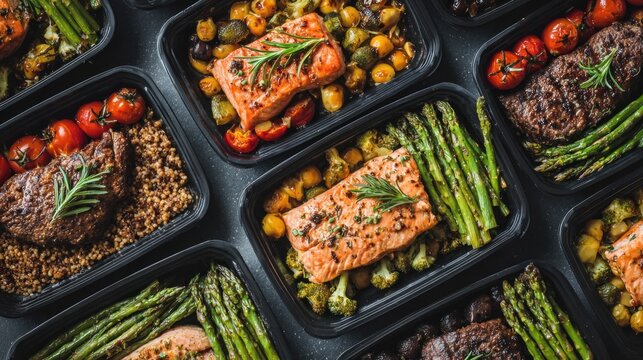 Multiple portions of prepared healthy meals ready for storage and consumption are arranged closely together.