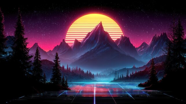 Stylized retro landscape depicts towering mountains reflected in a glowing grid surface under a neon sky.