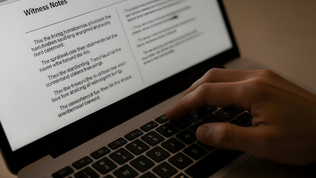 A close up view of a person typing witness notes on a laptop computer.